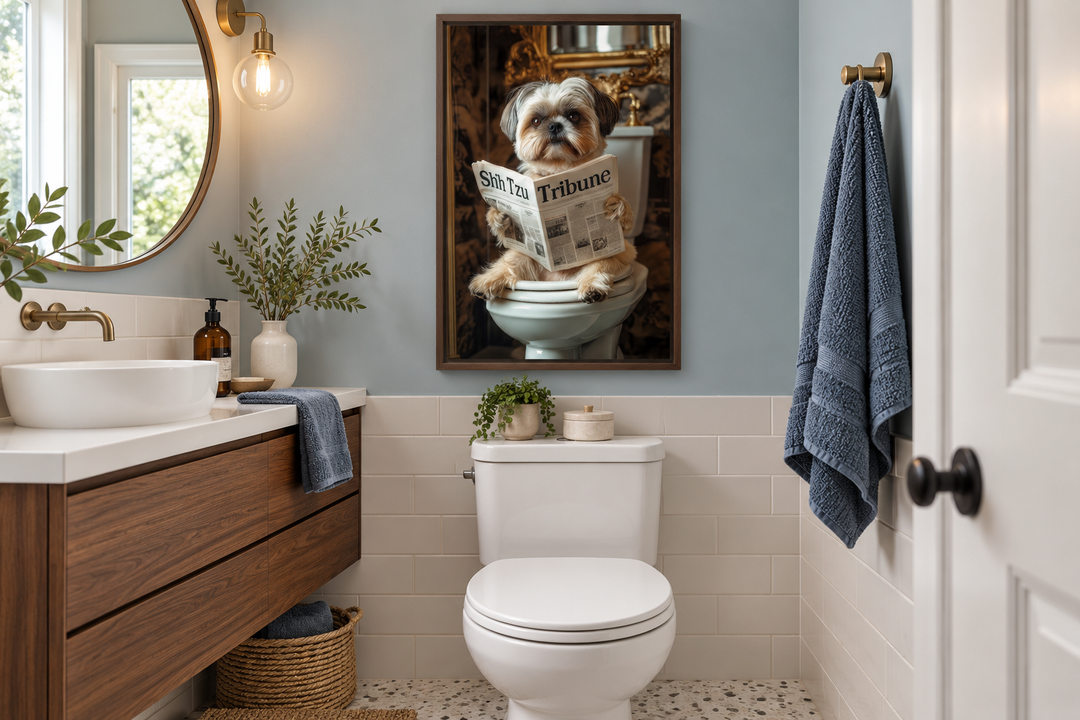 Framed canvas wall art of a Shih Tzu dog sitting on a toilet reading a newspaper in a bathroom.