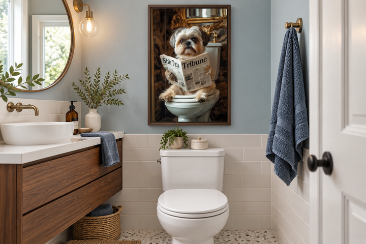 Framed canvas wall art of a Shih Tzu dog sitting on a toilet reading a newspaper in a bathroom.