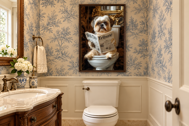 Shih Tzu on the toilet reading a newspaper canvas wall art in a traditional bathroom setting.