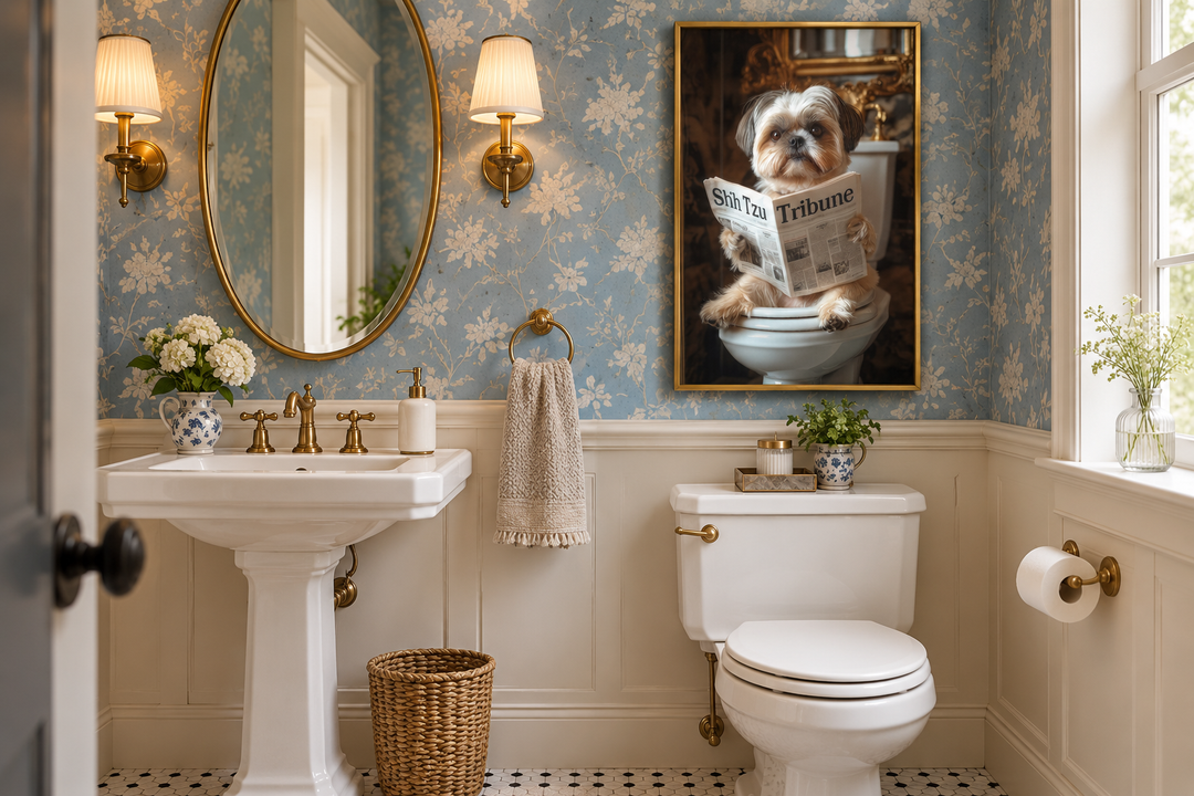 Framed canvas art of a Shih Tzu dog sitting on a toilet reading a newspaper in a bathroom.