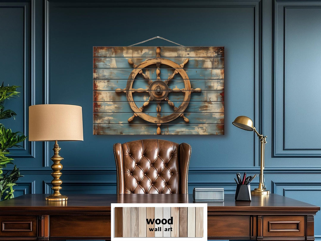 Ship Wheel Distressed Wood Wall Art - Nautical Decor