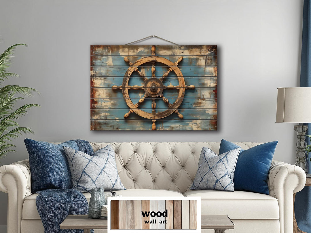 Ship Wheel Distressed Wood Wall Art - Nautical Decor