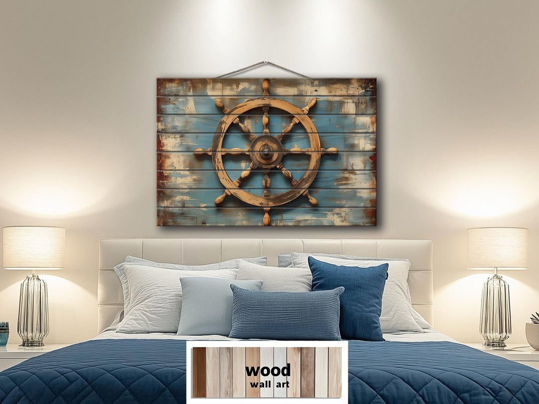 Ship Wheel Distressed Wood Wall Art - Nautical Decor