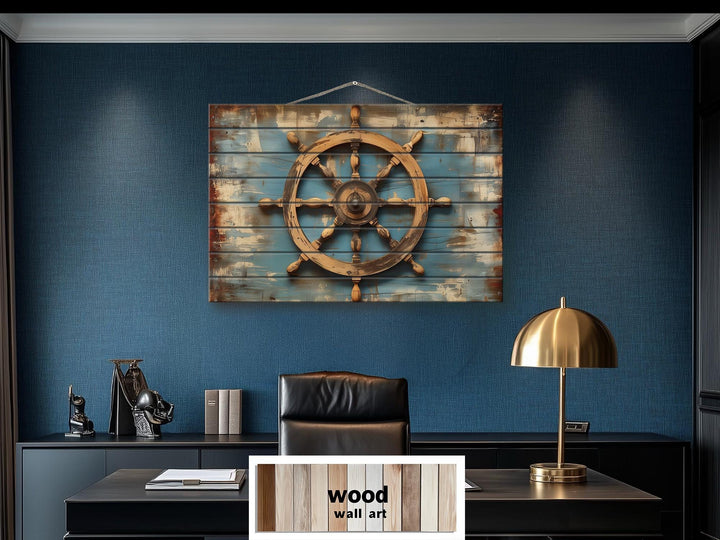 Ship Wheel Distressed Wood Wall Art - Nautical Decor