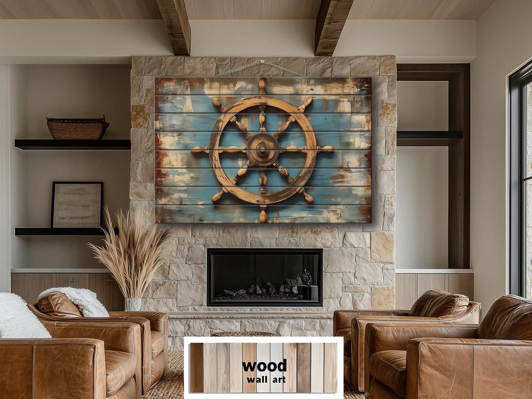 Ship Wheel Wall Art - Distressed Wood Nautical Decor | Rustic Coastal Art for Men