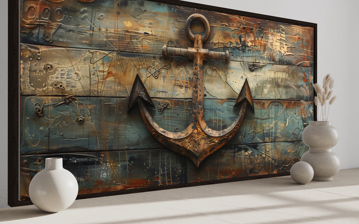 Ship's Anchor Painted On Wood Nautical Framed Canvas Wall Art