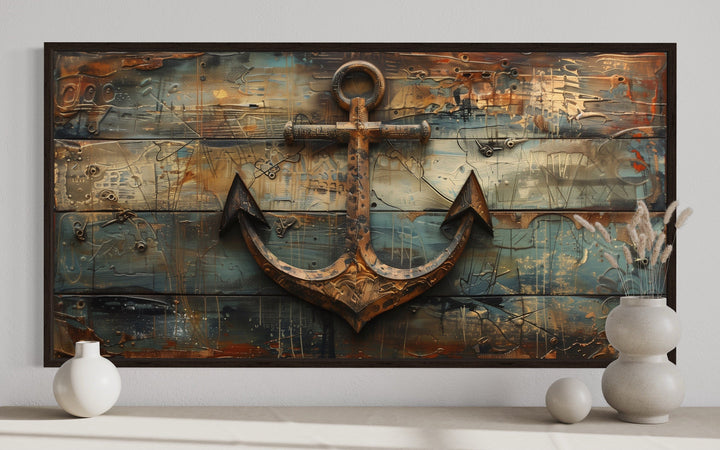 Ship's Anchor Painted On Wood Nautical Framed Canvas Wall Art