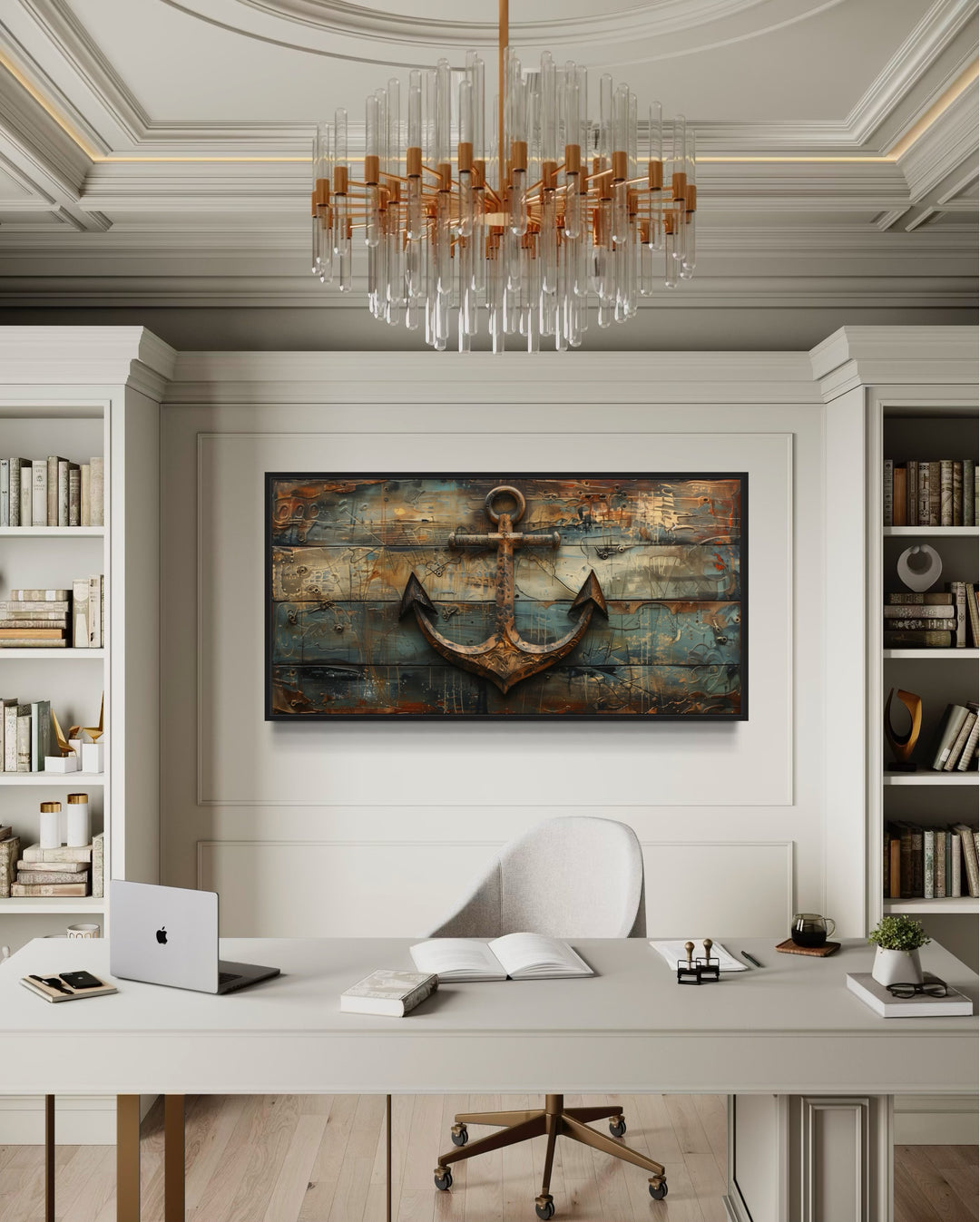 Ship's anchor painted on weathered wood nautical framed canvas wall art above a modern office desk.