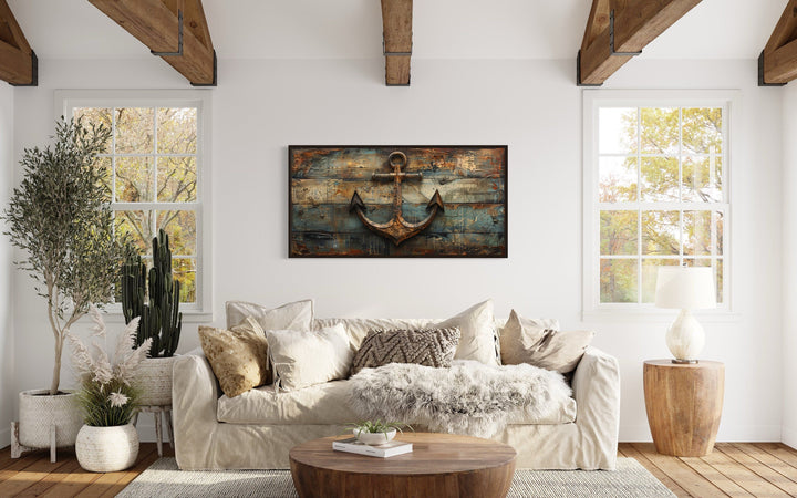 Ship's Anchor Painted On Wood Nautical Framed Canvas Wall Art