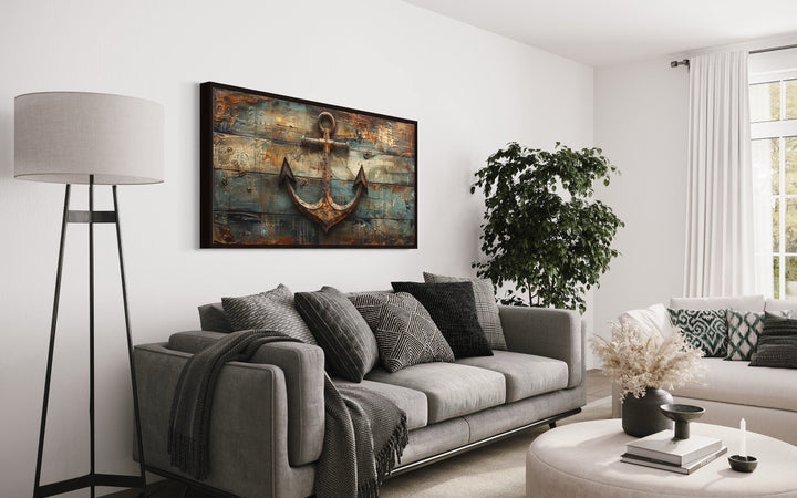 Ship's Anchor Painted On Wood Nautical Framed Canvas Wall Art