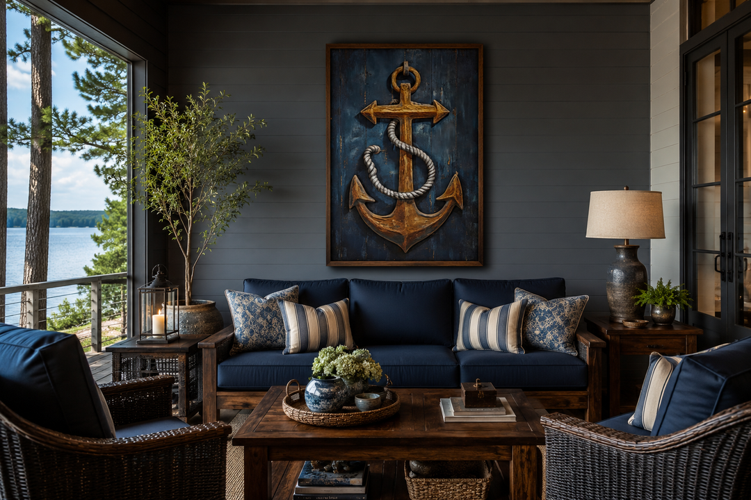 Nautical framed canvas wall art featuring a gold ship's anchor on a dark blue weathered wood background
