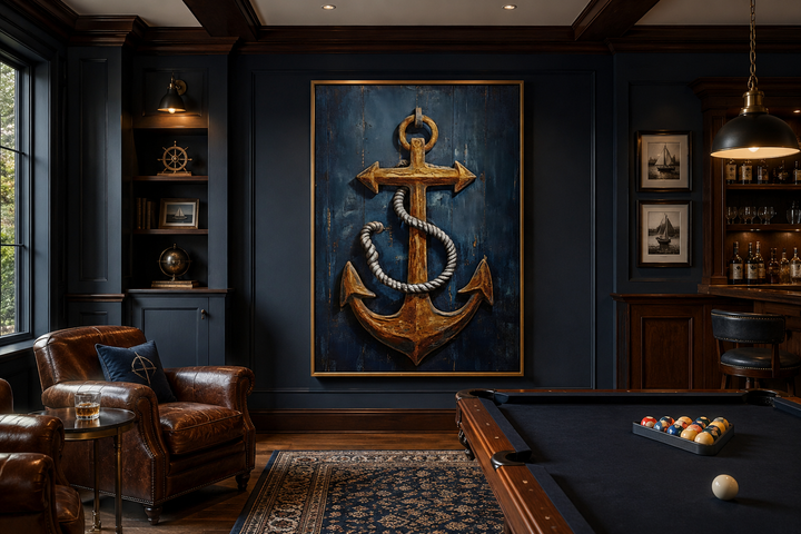 Large framed canvas wall art of a rustic gold ship's anchor on a navy blue wood-textured background.