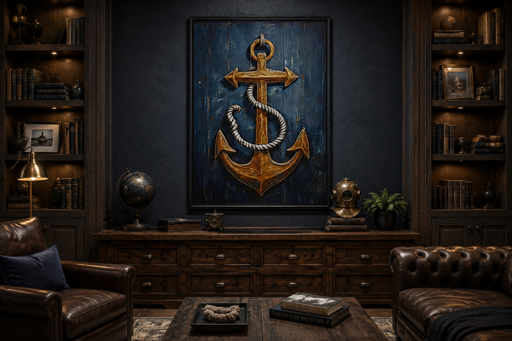 Nautical framed canvas wall art featuring a gold ship's anchor on a blue weathered wood background.