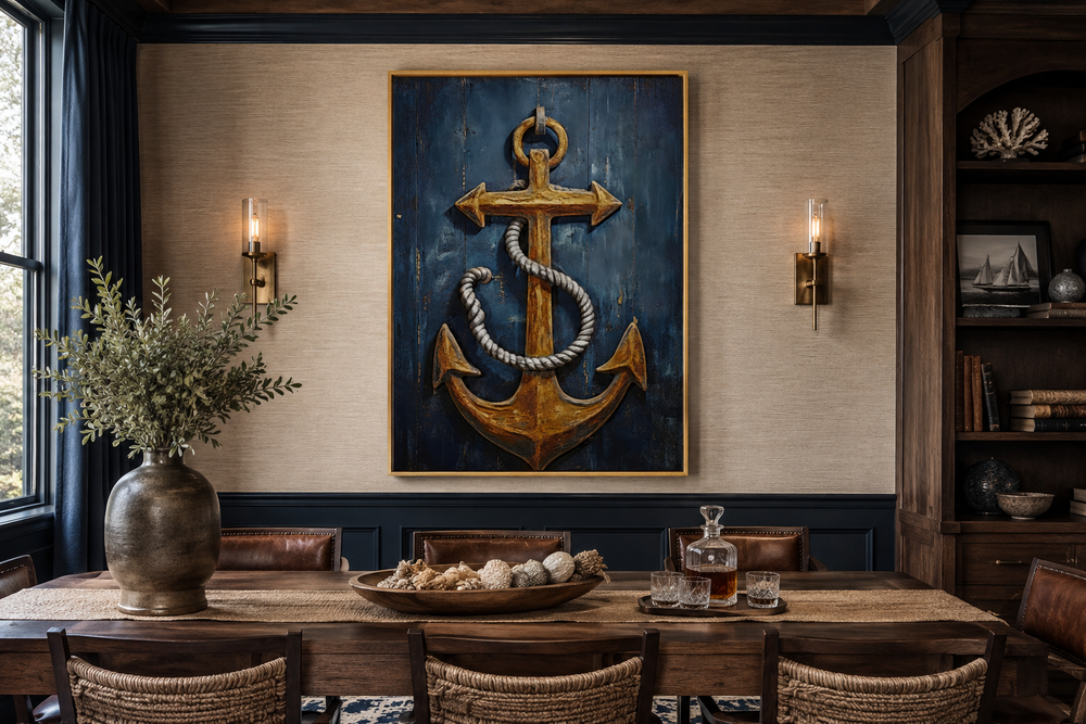 Framed nautical canvas wall art featuring a gold ship's anchor on a navy blue weathered wood background