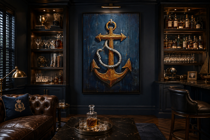 Nautical framed canvas wall art featuring a gold ship's anchor painting on a navy blue wood background