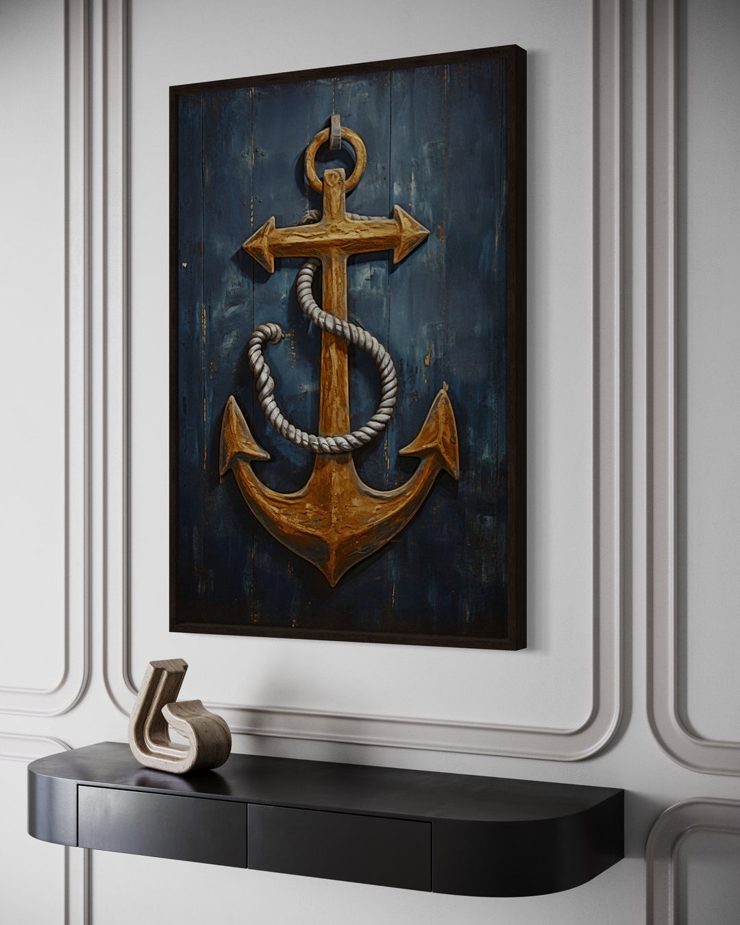Framed canvas wall art of a rustic golden ship's anchor with rope on a dark blue wood background.