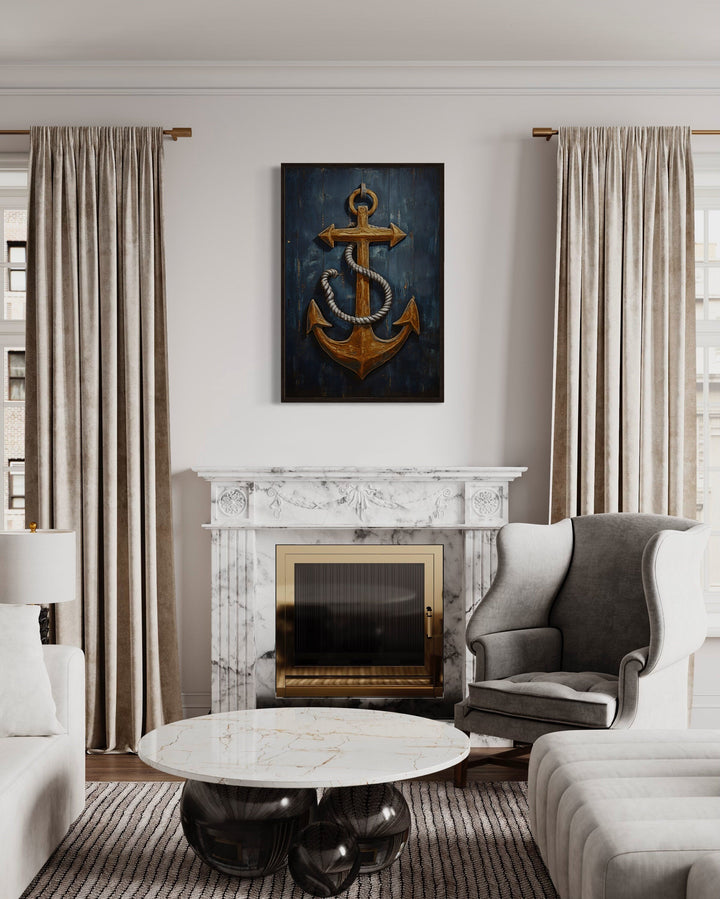 Nautical wall decor - Ship's Anchor Painting On Wood Nautical Framed Canvas Wall Art