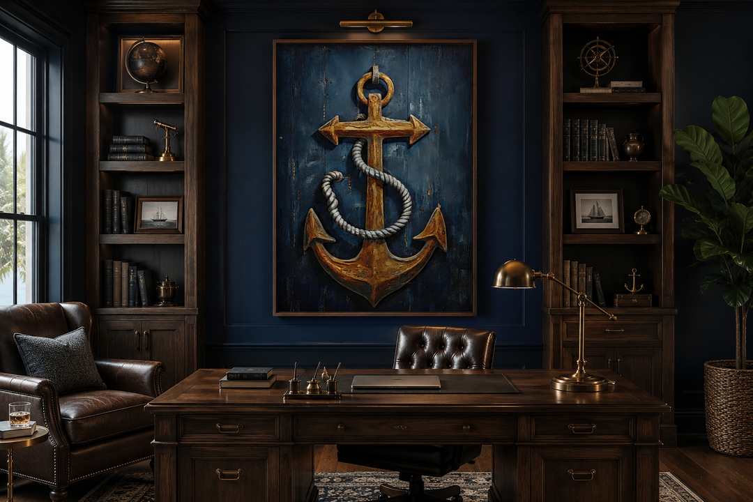 Nautical framed canvas wall art featuring a gold ship's anchor painting on a navy blue wood background