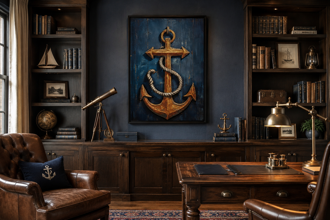 Nautical framed canvas wall art featuring a gold ship's anchor painting on a navy blue wood background