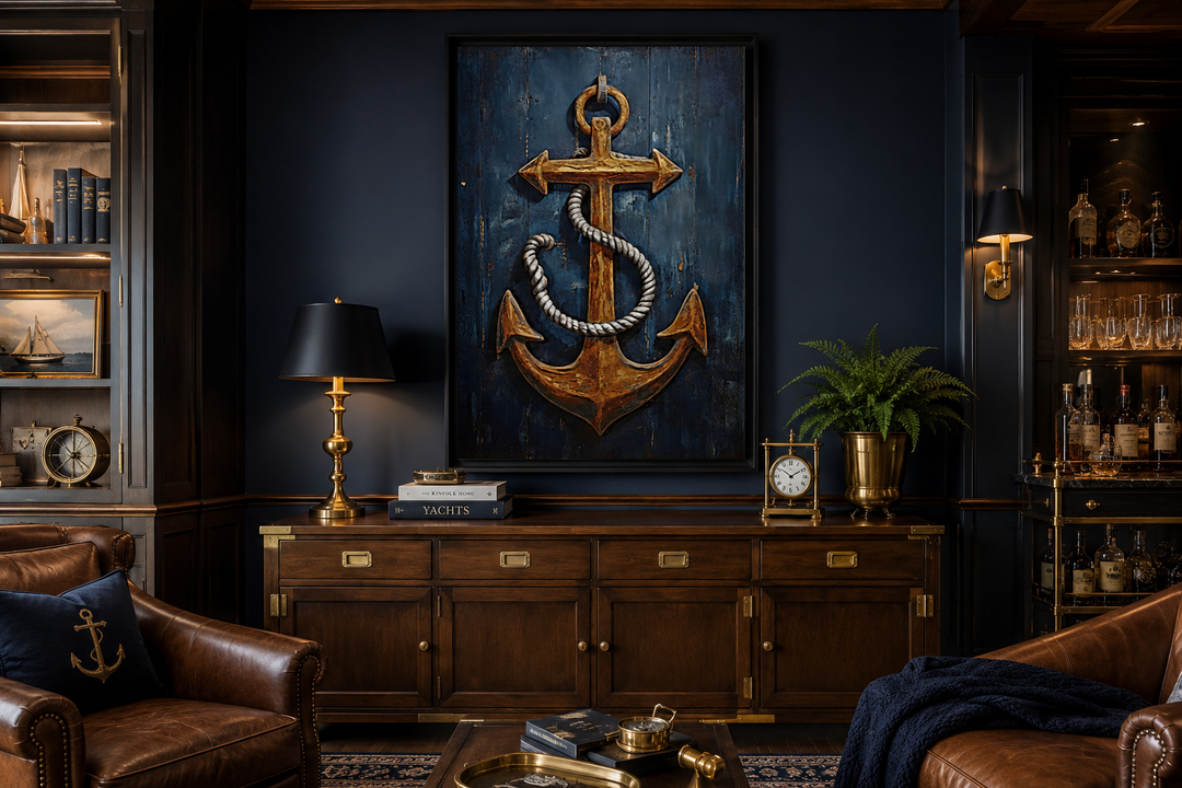 Framed canvas wall art of a rustic gold ship's anchor with rope on a navy blue wood-textured background.