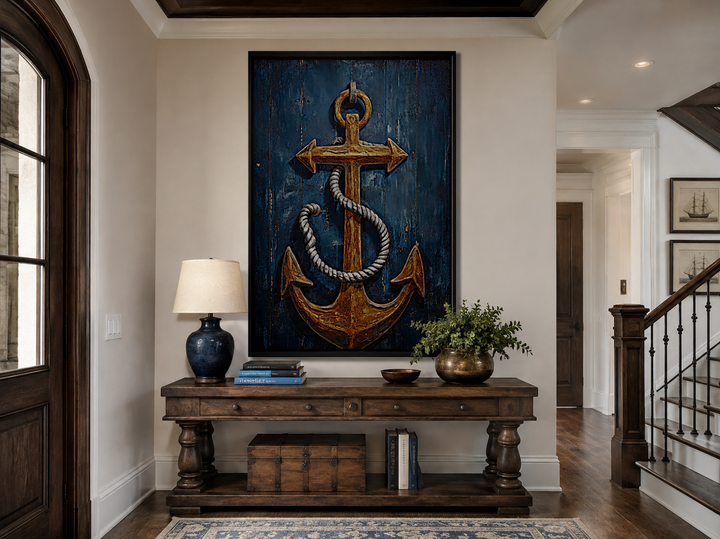 Nautical framed canvas wall art featuring a gold ship's anchor on a navy blue wood-textured background.