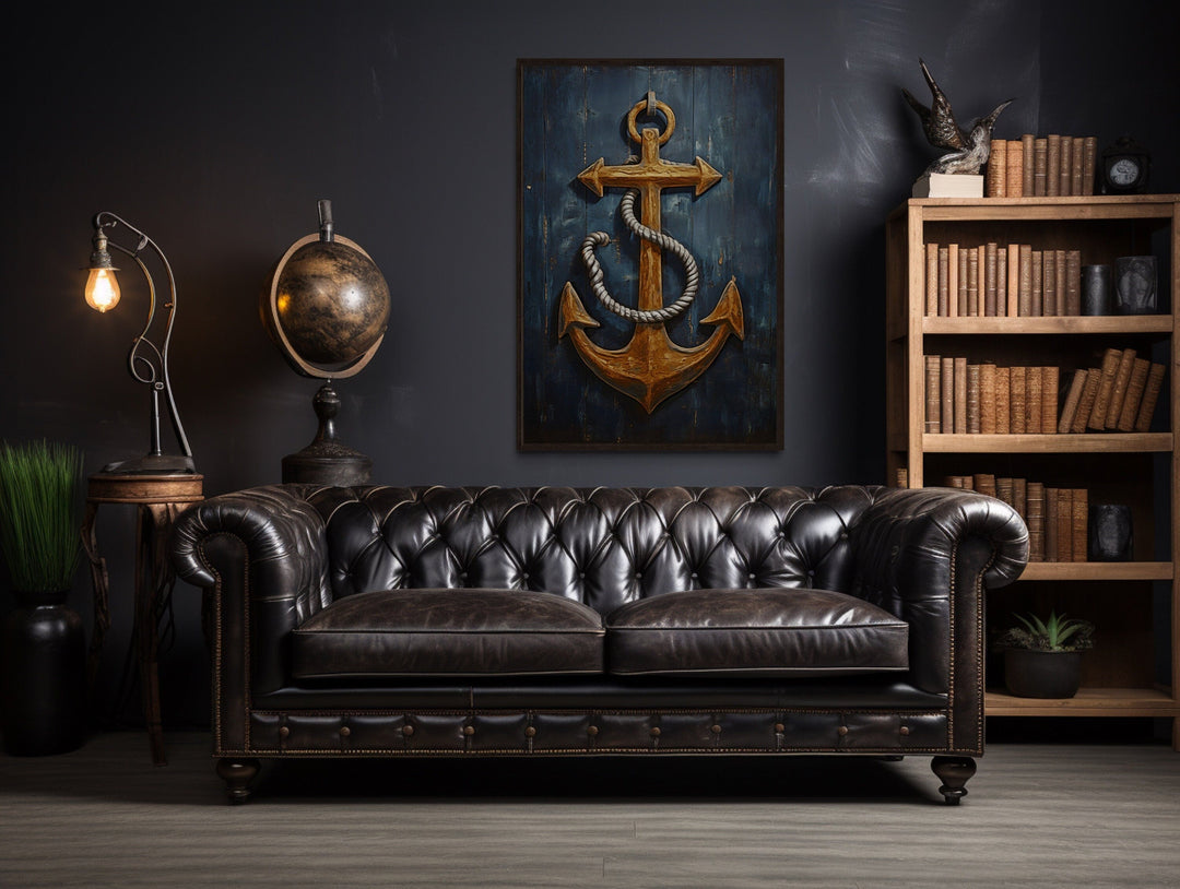 Nautical wall decor - Ship's Anchor Painting On Wood Nautical Framed Canvas Wall Art