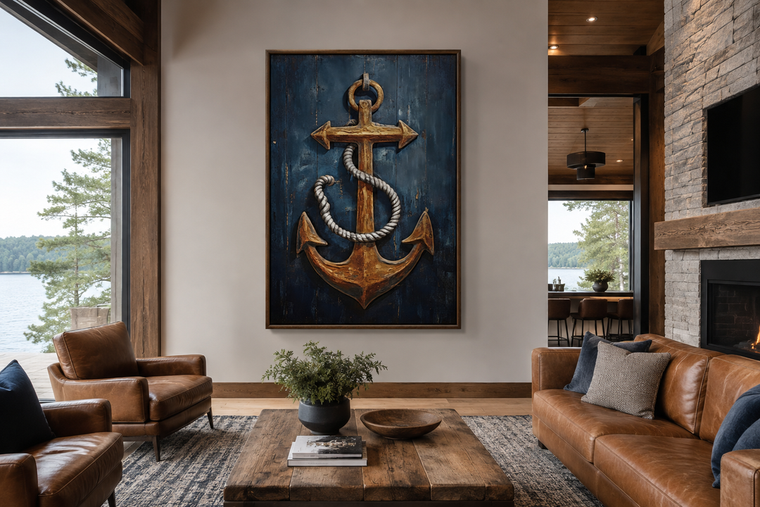Large framed canvas wall art of a rustic gold ship's anchor on a navy blue weathered wood background.
