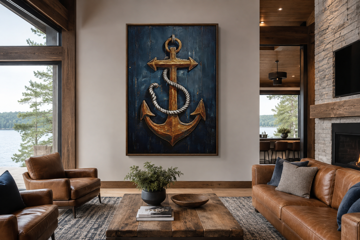 Large framed canvas wall art of a rustic gold ship's anchor on a navy blue weathered wood background.