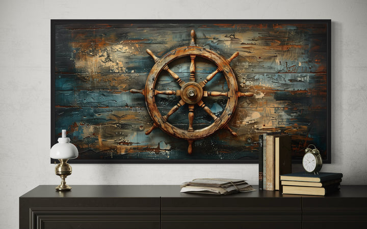 Ship's Helm Painted On Wood Nautical Framed Canvas Wall Art