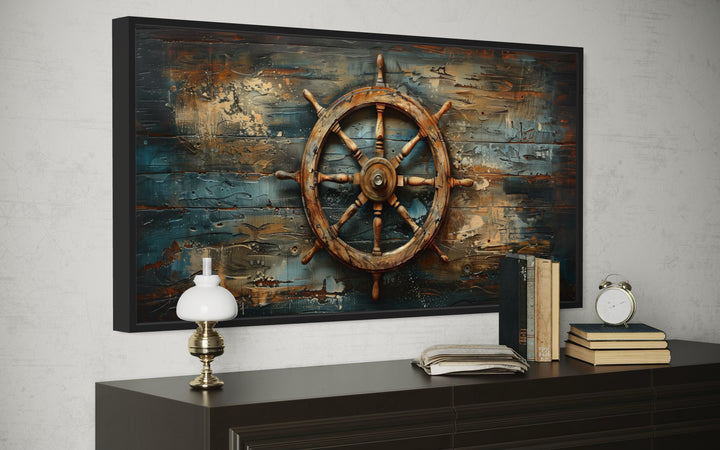 Ship's Helm Painted On Wood Nautical Framed Canvas Wall Art