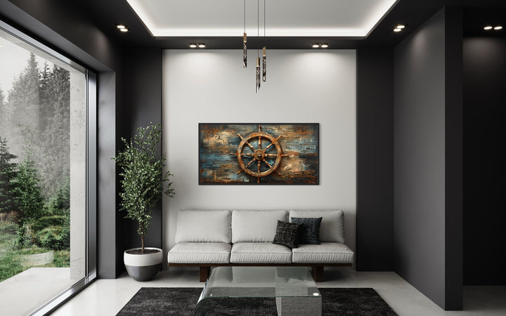 Ship's Helm Painted On Wood Nautical Framed Canvas Wall Art