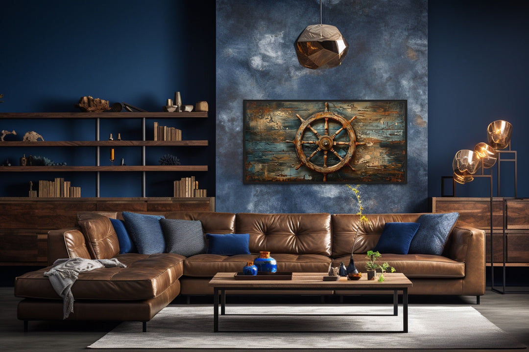 Ship's Helm Painted On Wood Nautical Framed Canvas Wall Art