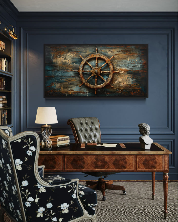 Ship's Helm Painted On Wood Nautical Framed Canvas Wall Art