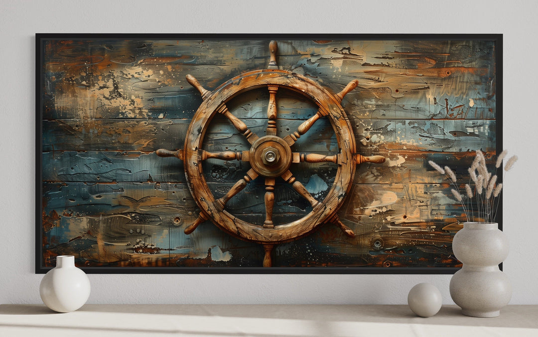 Ship's Helm Painted On Wood Nautical Framed Canvas Wall Art