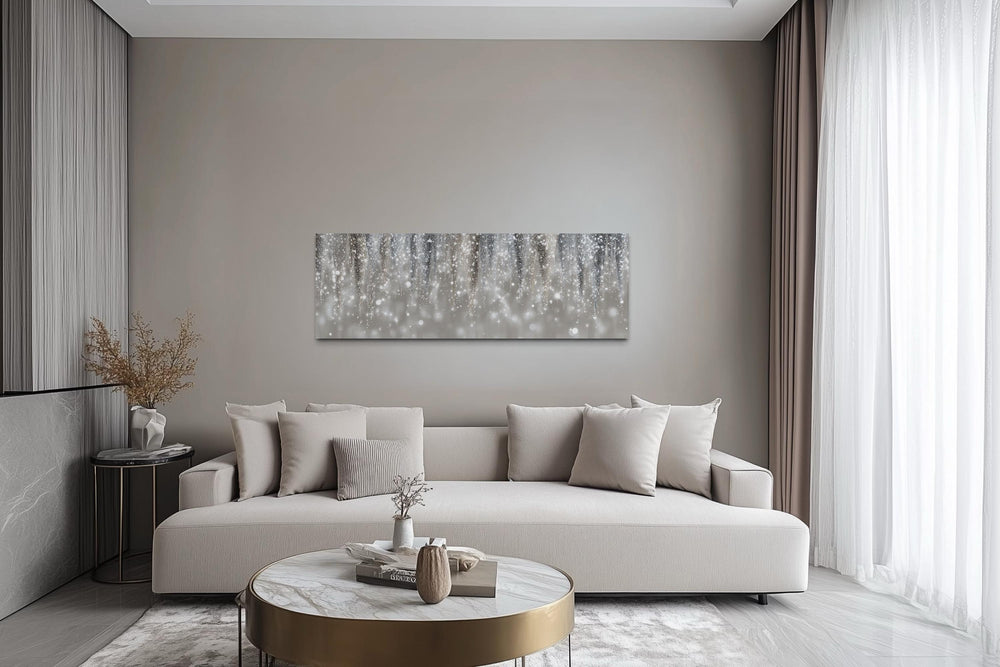 Silver beige abstract rain canvas print displayed horizontally above a modern neutral sofa.