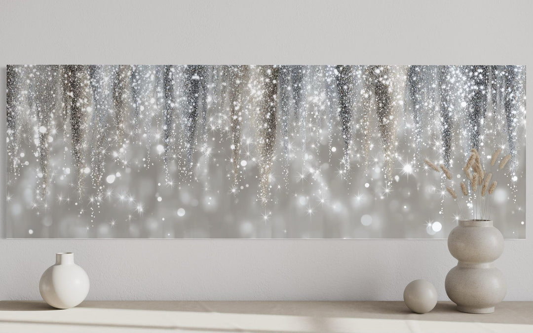 Silver beige abstract rain canvas print in a modern horizontal layout above a minimalist console.