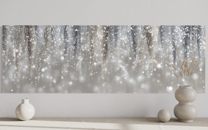 Silver beige abstract rain canvas print in a modern horizontal layout above a minimalist console.