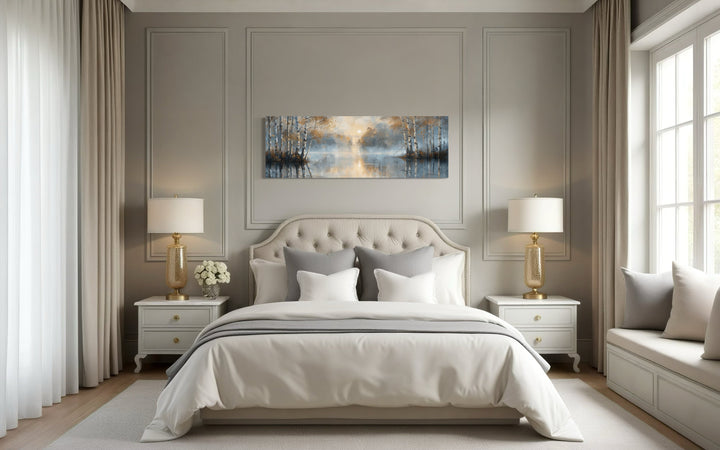 Silver birch trees forest long narrow horizontal wall art hanging above a bed in a bedroom.