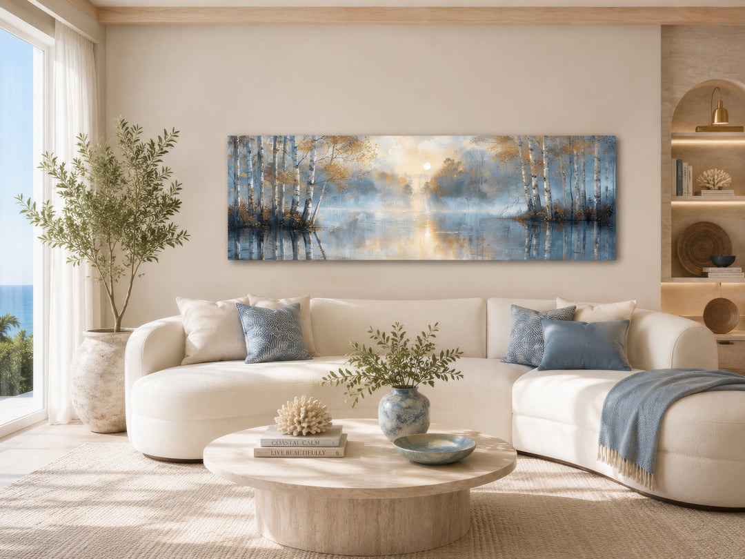 Panoramic silver birch forest wall art in a modern living room with a white sofa and round table.