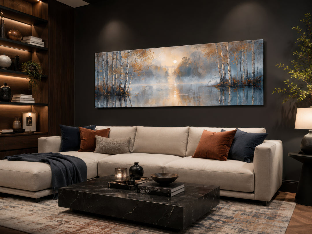 Silver birch trees forest long narrow horizontal wall art above a modern sofa in a living room.