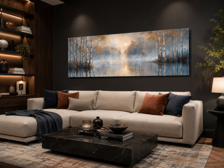 Silver birch trees forest long narrow horizontal wall art above a modern sofa in a living room.