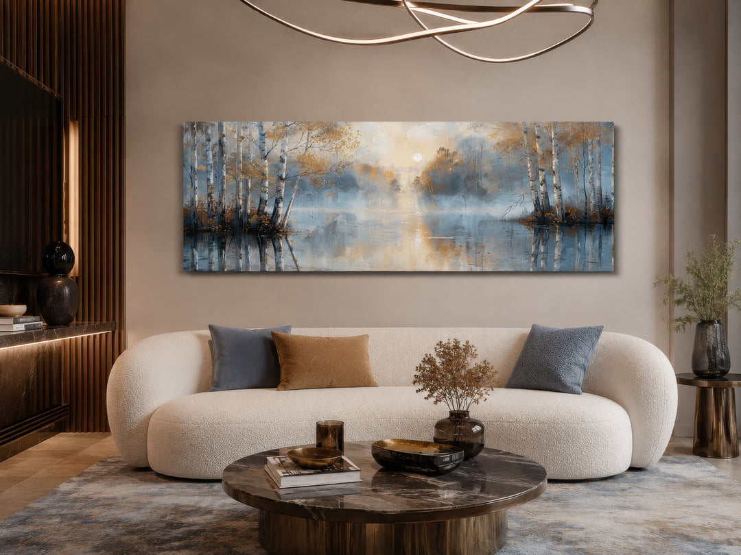 Panoramic wall art of silver birch trees in a misty forest above a modern white curved sofa.