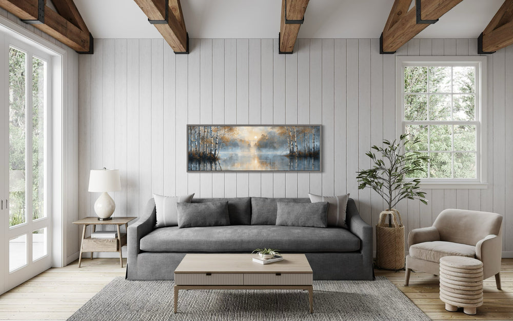 Silver Birch Trees Forest Long Narrow Horizontal Wall Art in living room