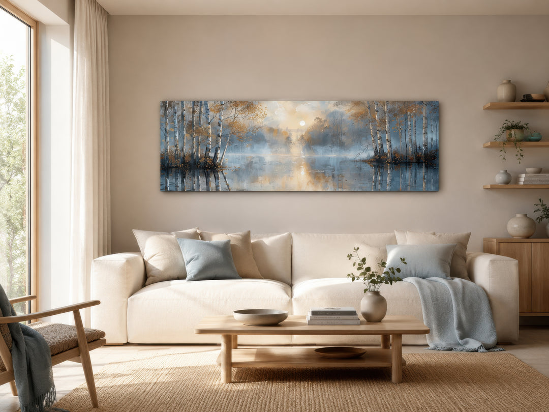 Panoramic silver birch forest wall art in a modern living room above a cream sofa.