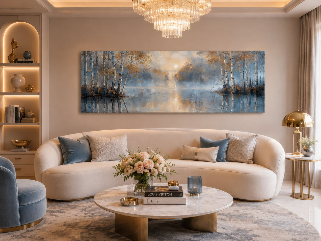 Long horizontal wall art of a misty silver birch forest over a living room sofa.