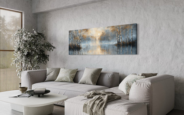 Silver Birch Trees Forest Long Narrow Horizontal Wall Art above grey couch