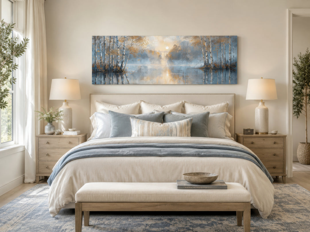 Silver birch trees forest long narrow horizontal wall art hanging above a bed in a serene bedroom.