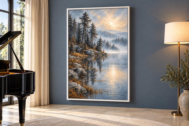 Silver Blue Lake and Forest Landscape Framed Canvas Wall Art in a modern living room setting.