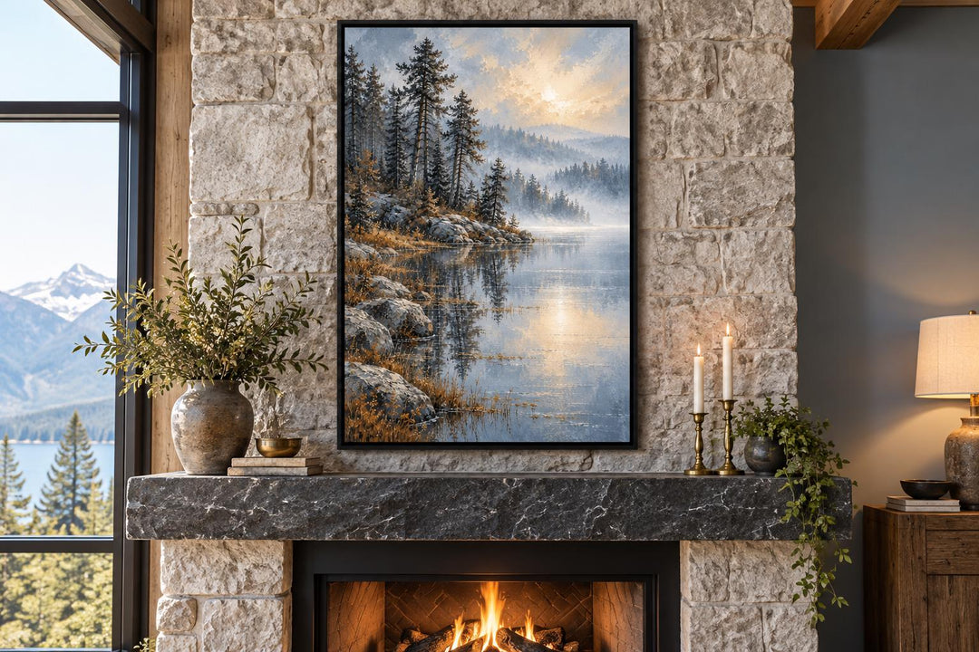 Silver Blue Lake and Forest Landscape framed canvas wall art hanging above a stone fireplace.