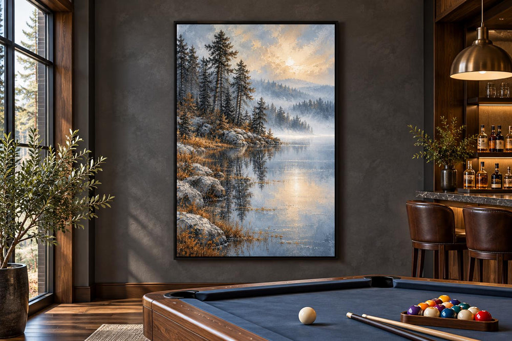 Silver Blue Lake and Forest Landscape framed canvas wall art hanging in a modern game room.